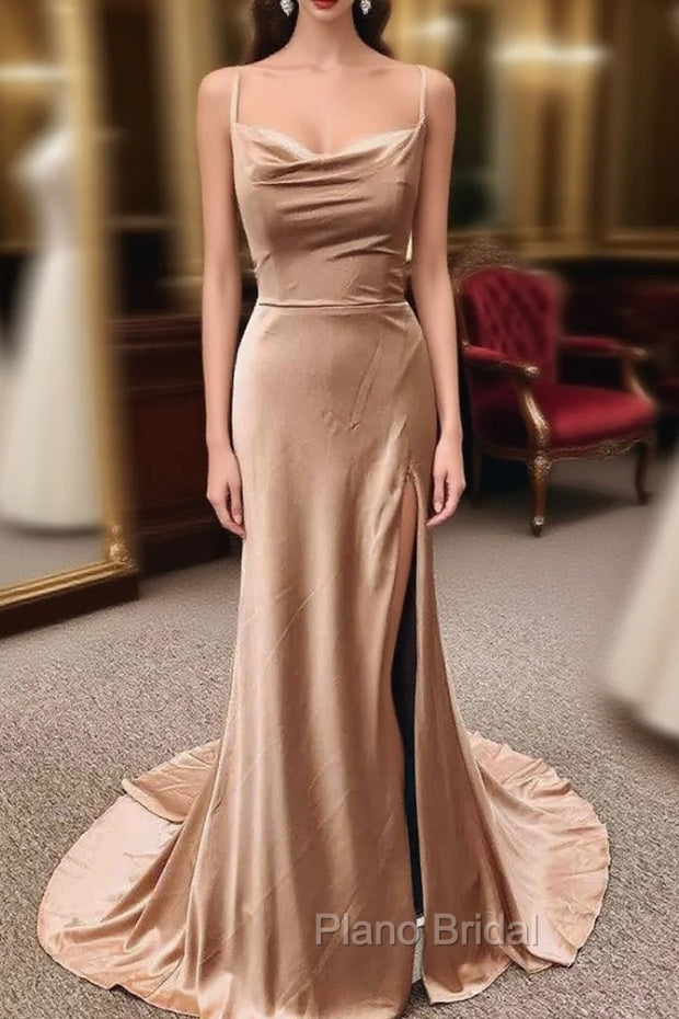 Champagne Satin Mermaid Spaghetti Straps Formal Prom Dresses