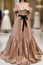 Champagne Satin Off the Shoulder Formal Prom Dresses With Bow