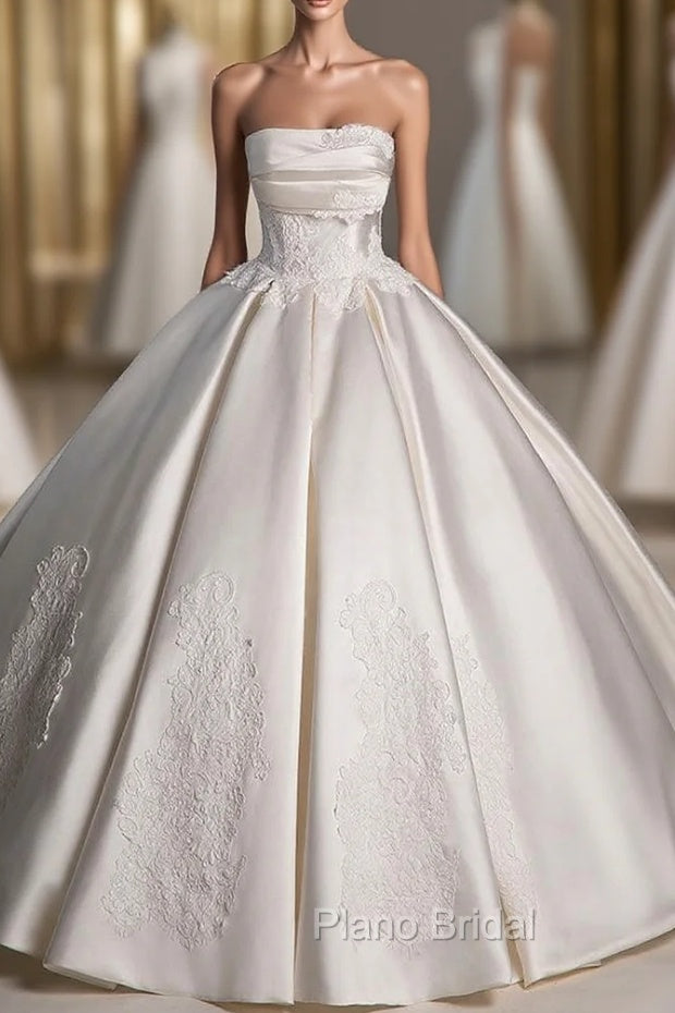 Champagne Satin Strapless Lace Wedding Dresses