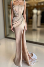 Champagne Satin Straps Beading Mermaid Formal Prom Dresses