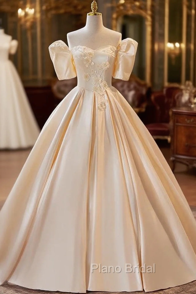 Champagne Satin Sweetheart Puff Sleeve Wedding Dresses Main image