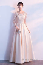 Champagne Satin With Lace Long Sleeves Formal Prom Dresses Evening Dresses, A-Line Simple Bridesmaid Dresses