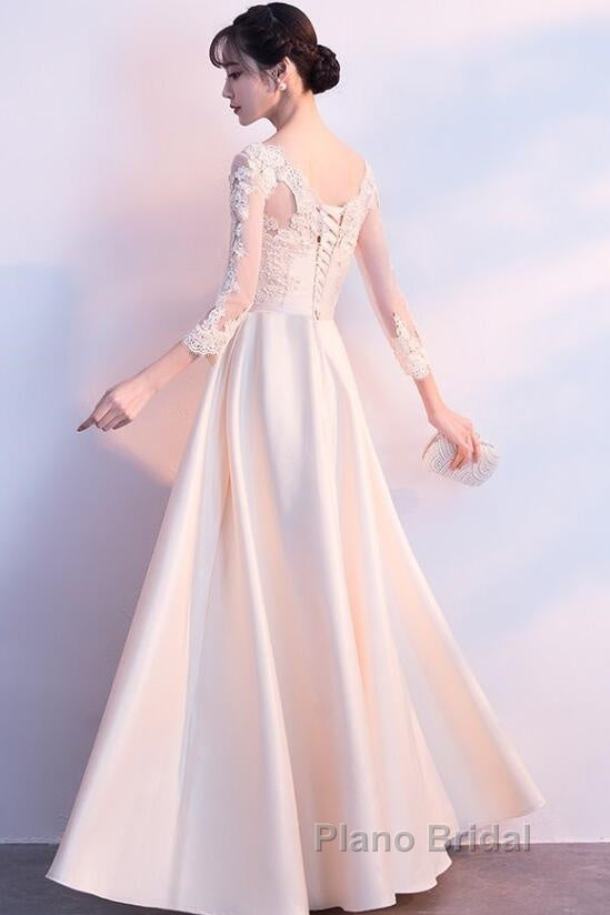 Champagne Satin With Lace Long Sleeves Formal Prom Dresses Evening Dresses, A-Line Simple Bridesmaid Dresses