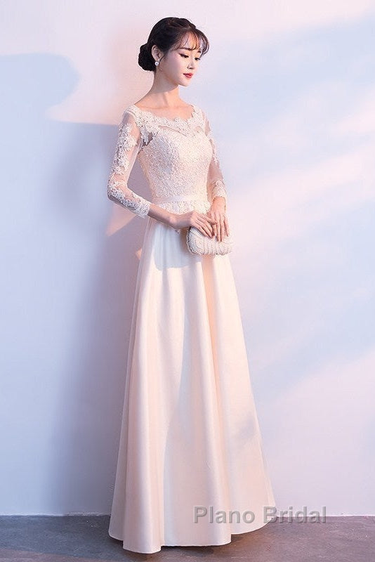 Champagne Satin With Lace Long Sleeves Formal Prom Dresses Evening Dresses, A-Line Simple Bridesmaid Dresses