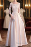 Champagne Satin With Lace Long Sleeves Formal Prom Dresses Evening Dresses, A-Line Simple Bridesmaid Dresses