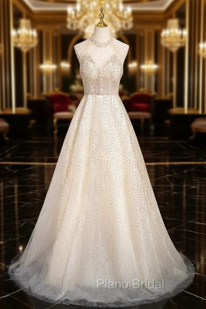 Champagne Sequins Backless Beading Formal Prom Dresses Main image