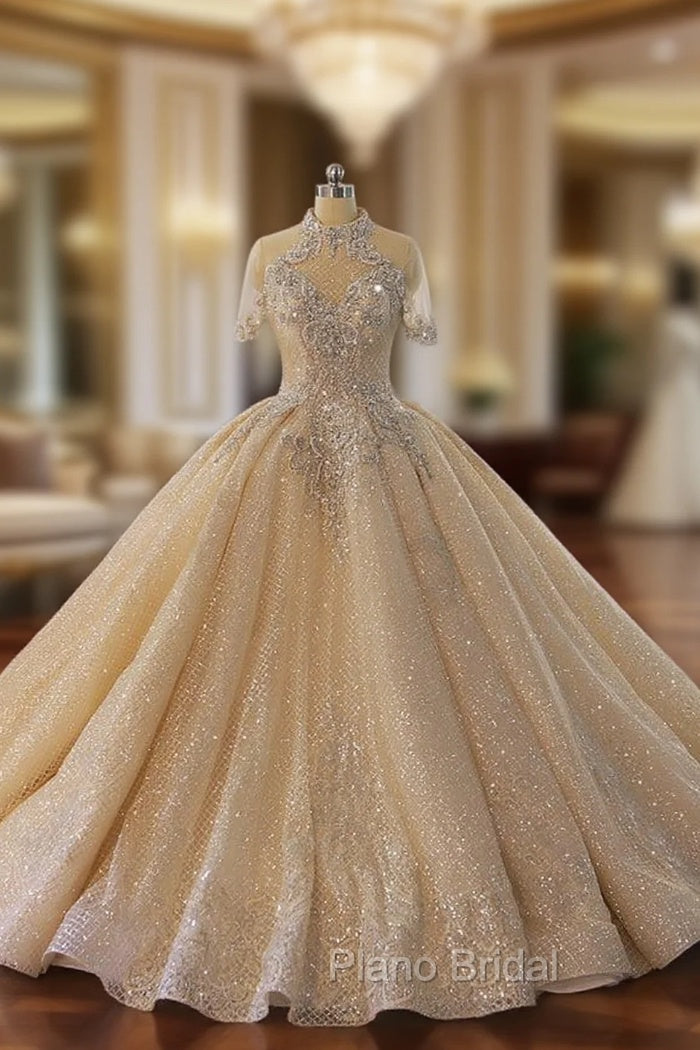Champagne Sequins Beading Short Sleeve Wedding Dresses Main image