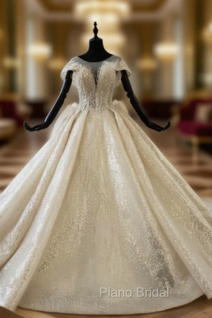 Champagne Sequins Cap Sleeve Backless Wedding Dresses With Long Train Main image