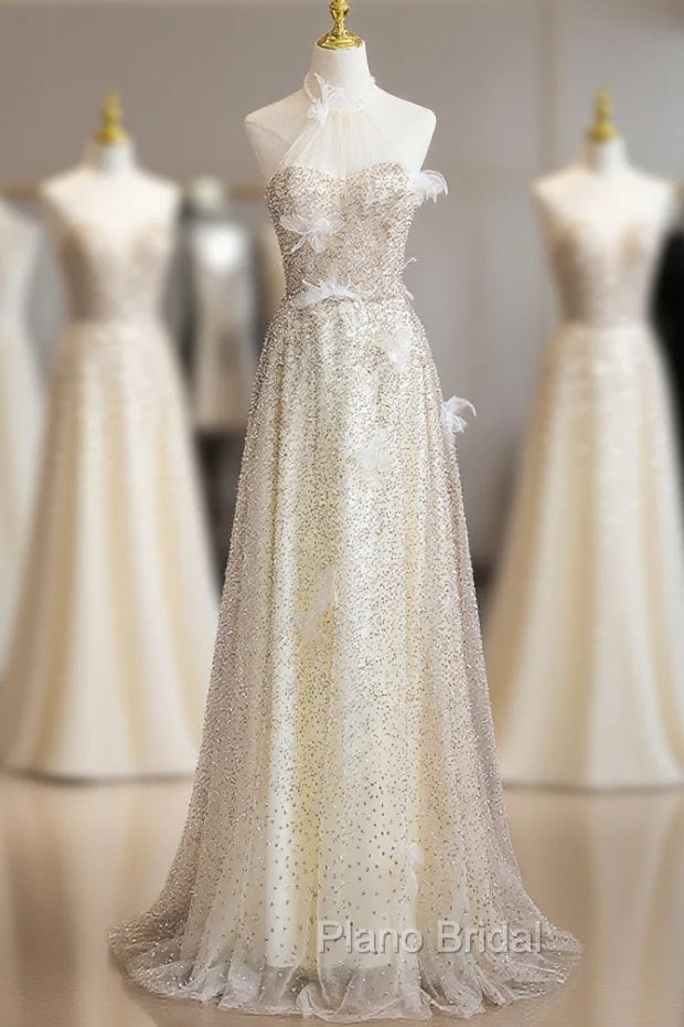 Champagne Sequins Halter 3D Flower Formal Prom Dresses Main image