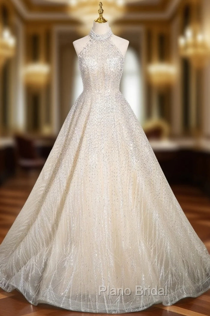 Champagne Sequins Halter Backless Beading Formal Prom Dresses Main image