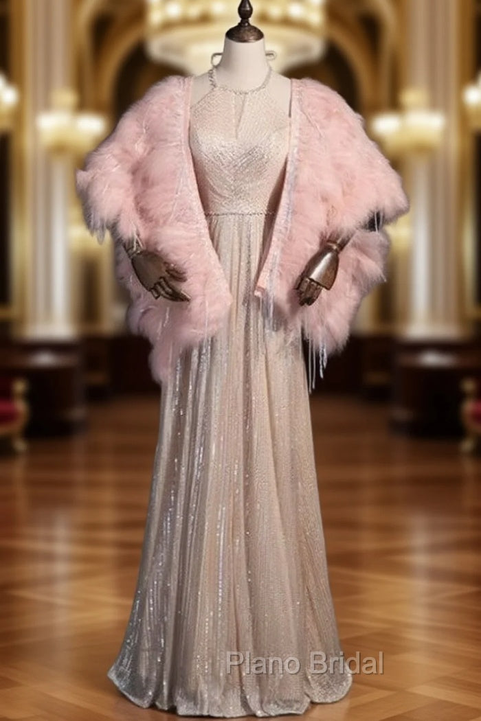 Champagne Sequins Halter Beading Formal Prom With Feather Shawl