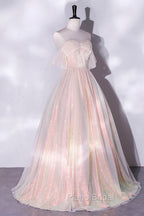 Champagne Sequins Long A-Line Formal Prom Dresses, Off the Shoulder Evening Party Dresses