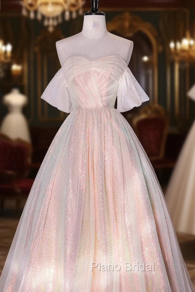 Champagne Sequins Long A-Line Formal Prom Dresses, Off the Shoulder Evening Party Dresses