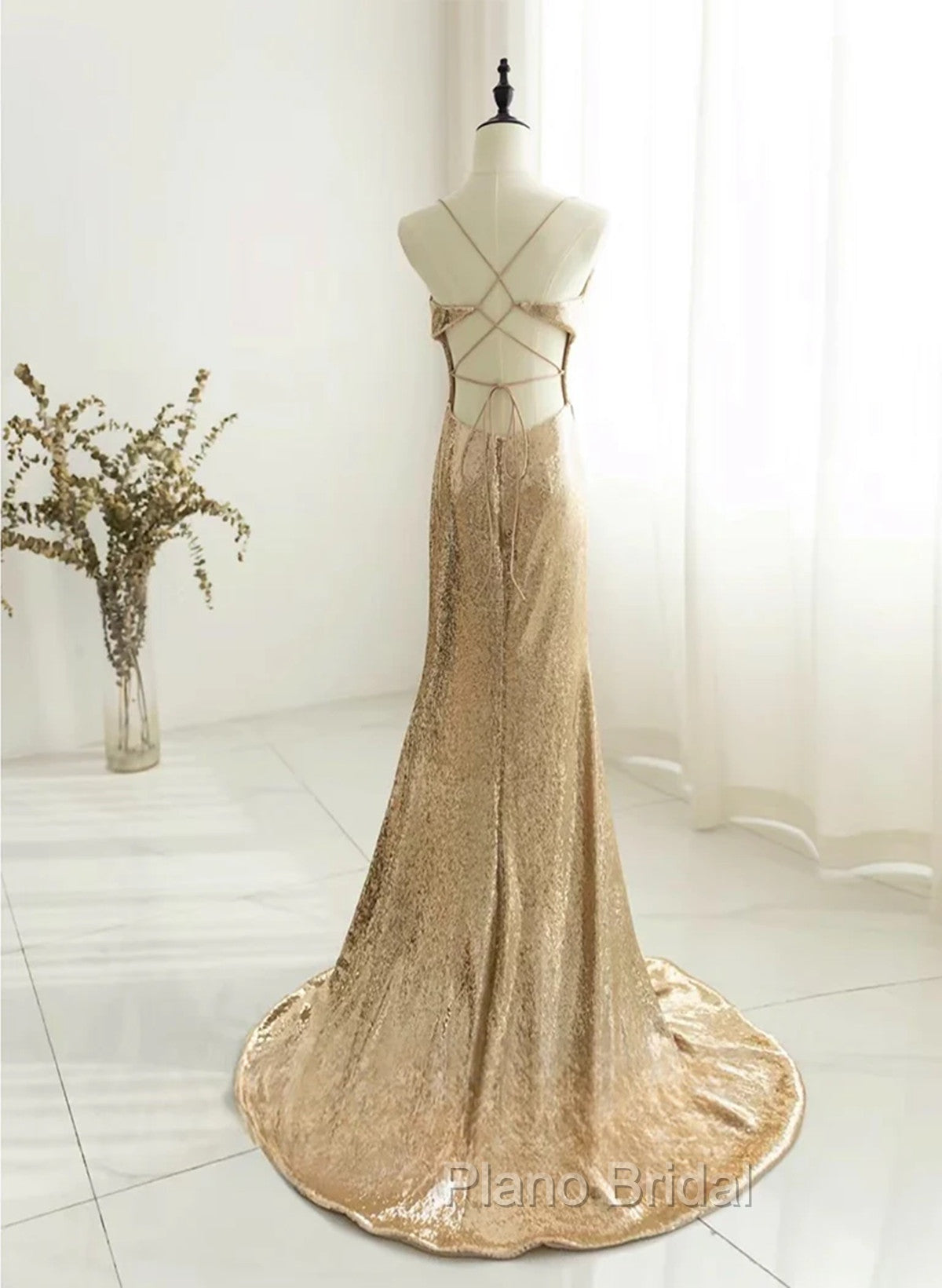 Champagne Sequins Long Formal Prom Dresses, Sequins Champagne Formal Dresses