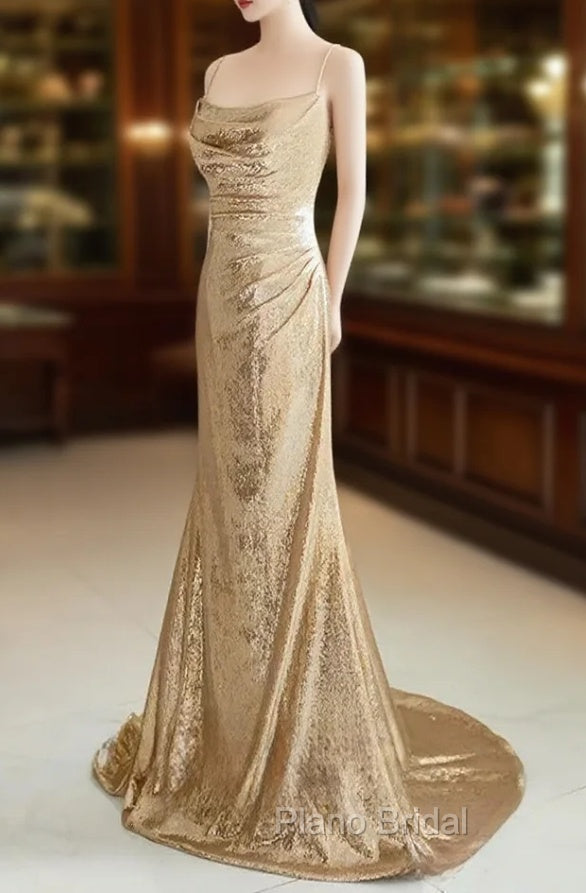 Champagne Sequins Long Formal Prom Dresses, Sequins Champagne Formal Dresses Main image
