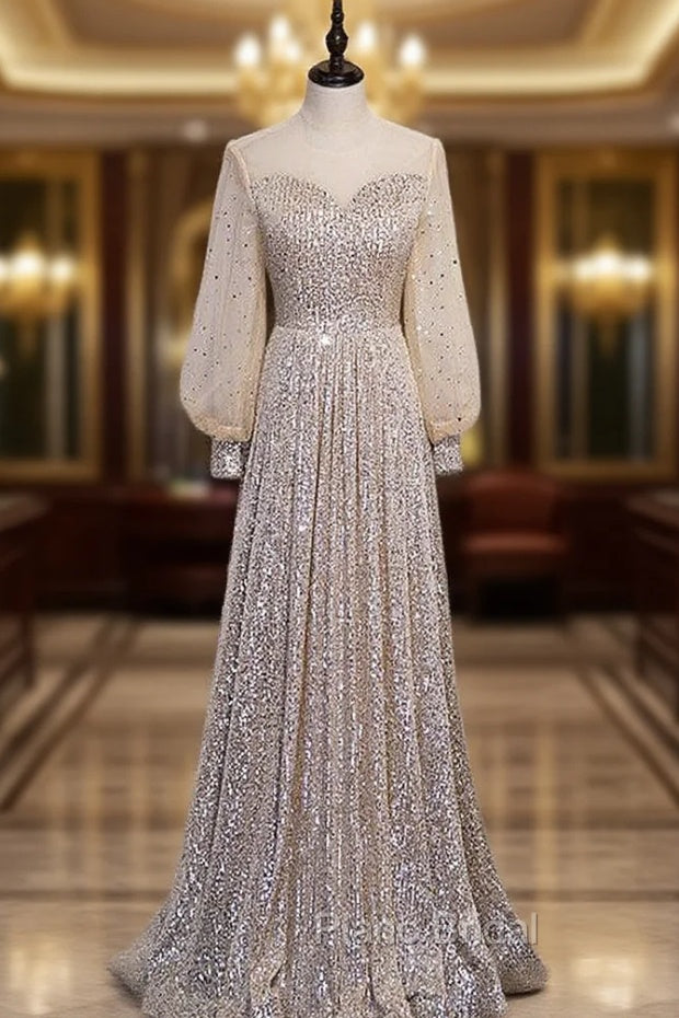 Champagne Sequins Long Sleeve Formal Prom Dresses