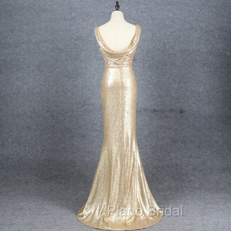 Champagne Sequins Low Back Long Bridesmaid Dresses, Mermaid Formal Prom Dresses Party Dresses Secondary image