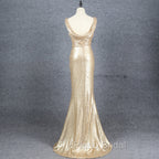 Champagne Sequins Low Back Long Bridesmaid Dresses, Mermaid Formal Prom Dresses Party Dresses