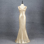 Champagne Sequins Low Back Long Bridesmaid Dresses, Mermaid Formal Prom Dresses Party Dresses