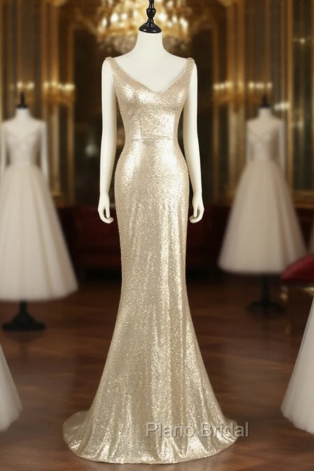 Champagne Sequins Low Back Long Bridesmaid Dresses, Mermaid Formal Prom Dresses Party Dresses