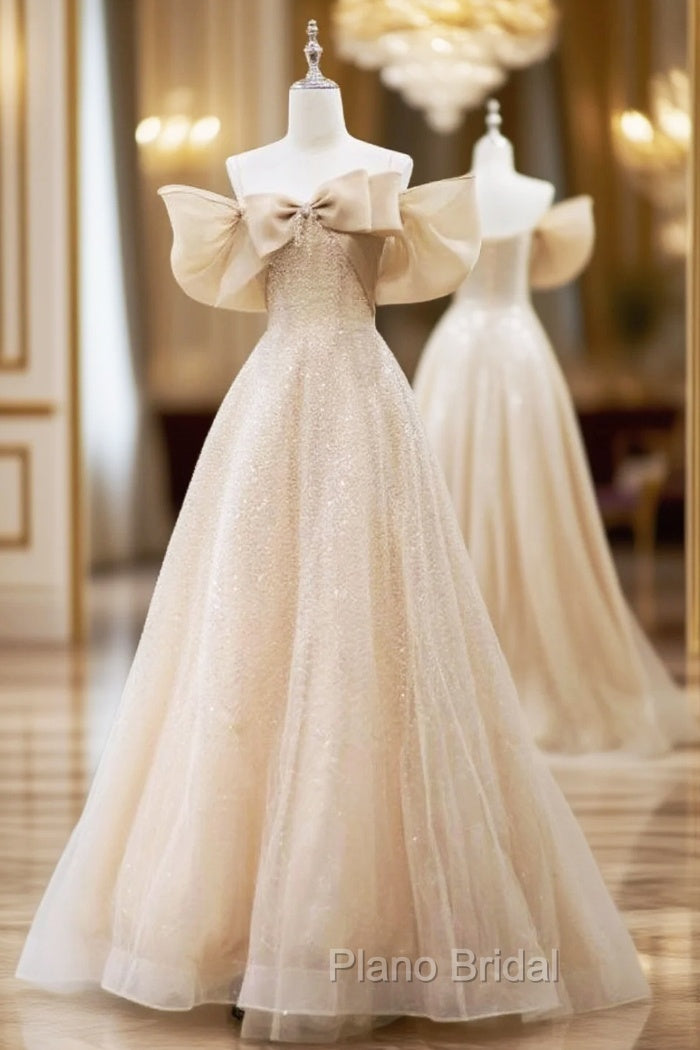 Champagne Sequins Off the Shoulder Bow Formal Prom Dresses Main image