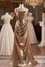 Champagne Sequins Off the Shoulder Pleats Formal Prom Dresses