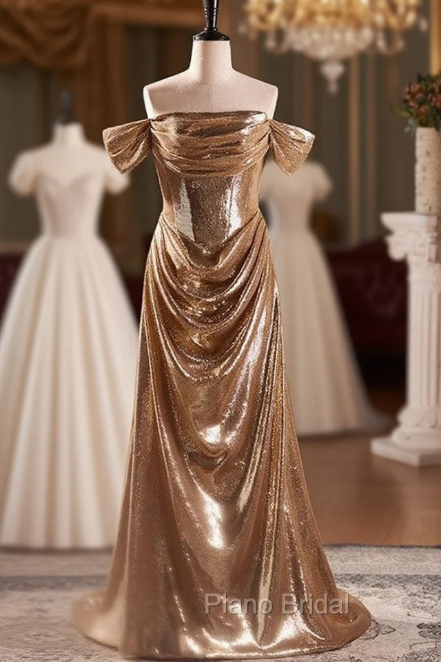 Champagne Sequins Off the Shoulder Pleats Formal Prom Dresses Main image