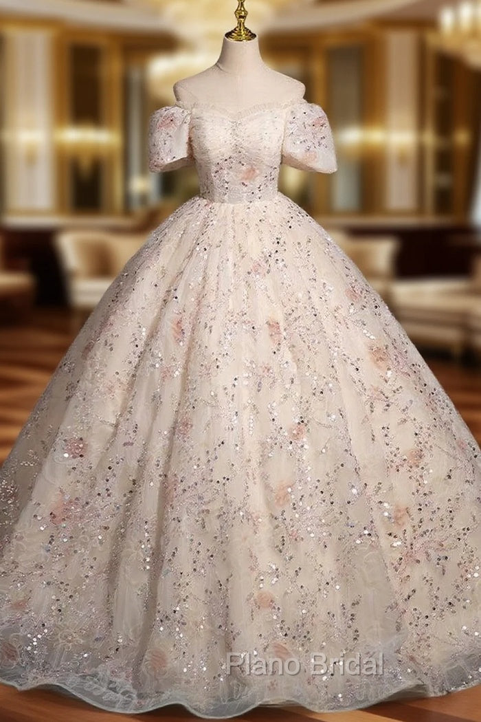 Champagne Sequins Puff Sleeve Pleats Quinceanera Dresses Main image