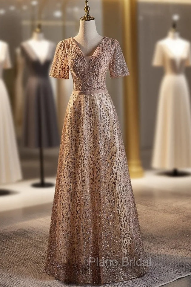 Champagne Sequins Short Sleeve Formal Prom Dresses Main image