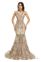 Sequins Sleeveless Floor Length Crew Neck Prom Dresses