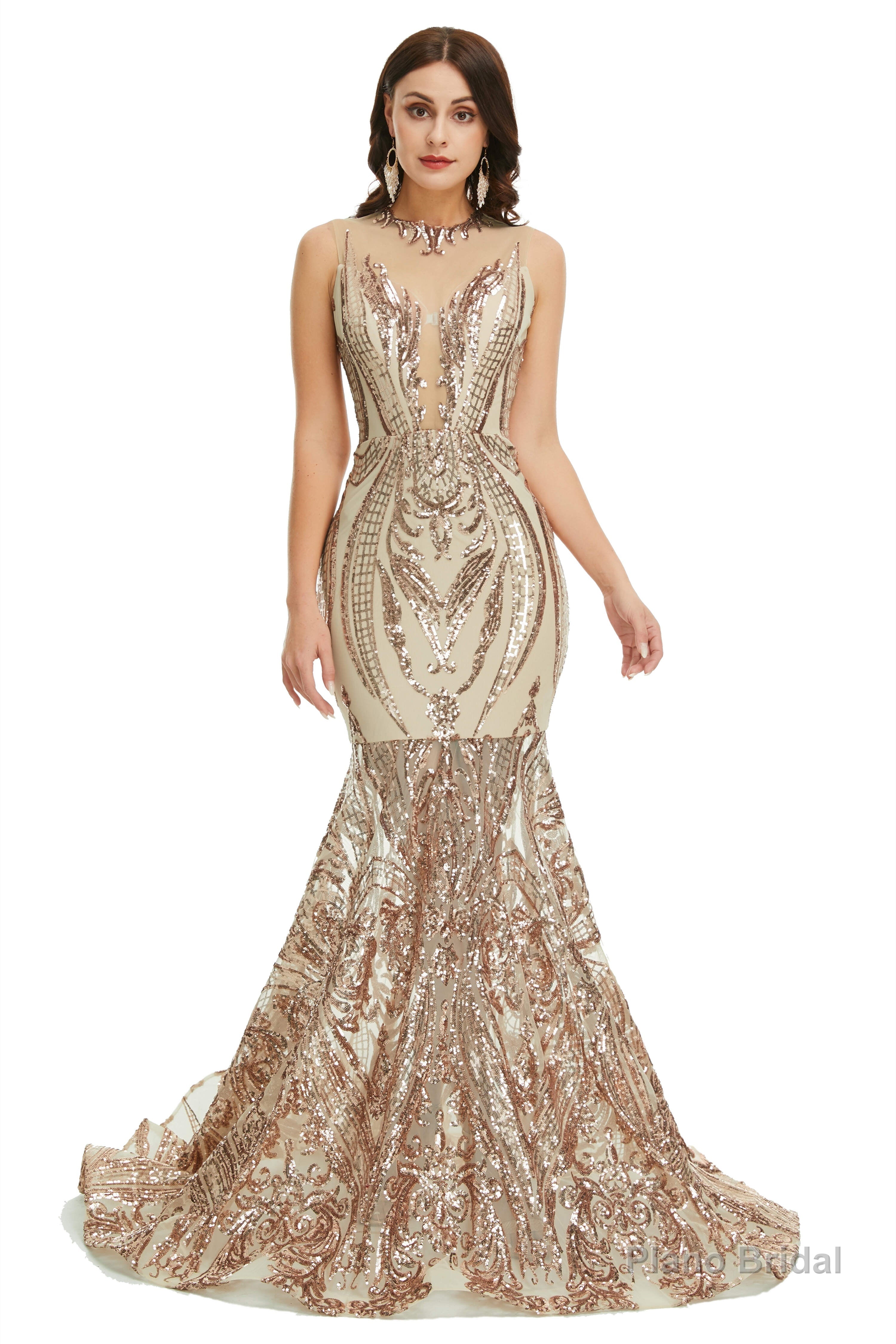 Sequins Sleeveless Floor Length Crew Neck Prom Dresses