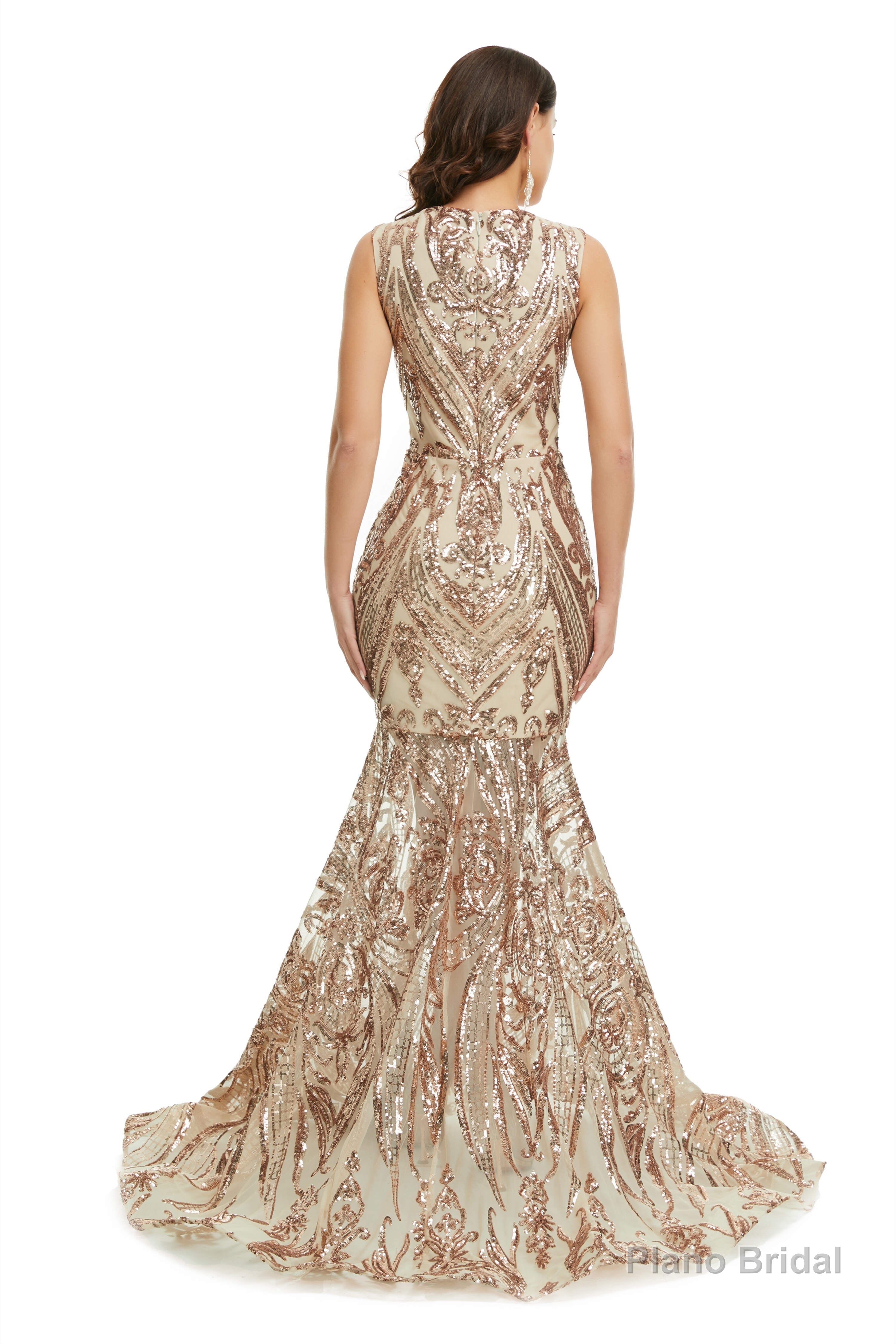 Sequins Sleeveless Floor Length Crew Neck Prom Dresses