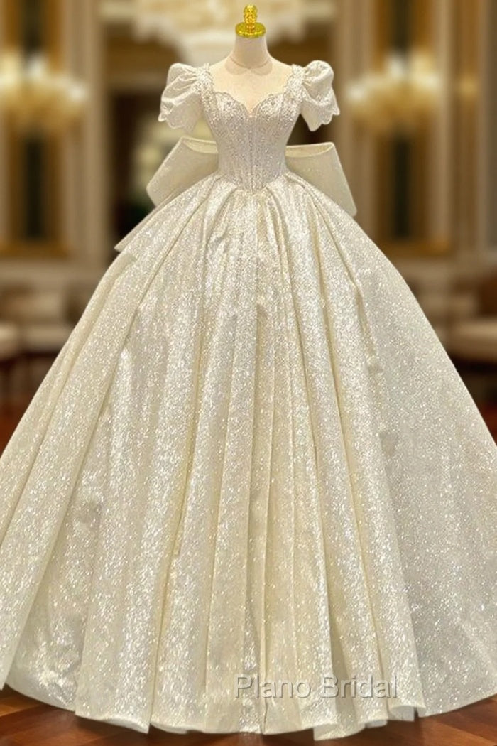 Champagne Sequins Square Puff Sleeve Beading Wedding Dresses Main image