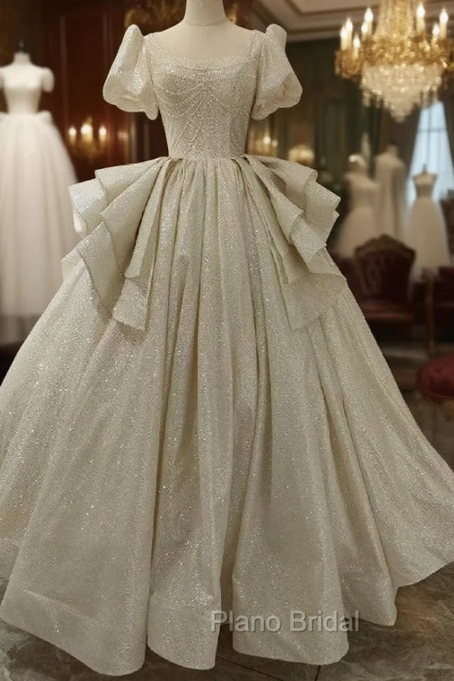 Champagne Sequins Square Puff Sleeve Wedding Dresses Main image