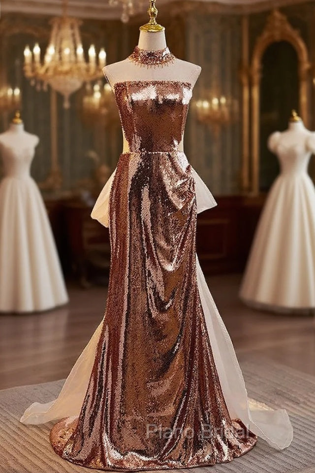 Champagne Sequins Strapless Formal Prom Dresses With Bow