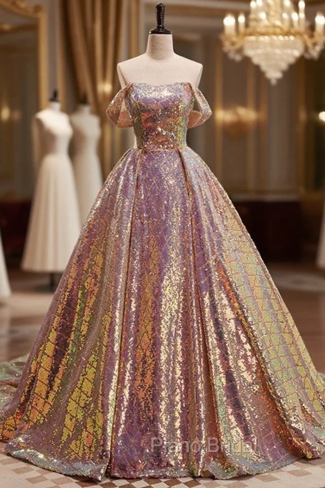 Champagne Sequins Strapless Formal Prom Dresses With Train Main image