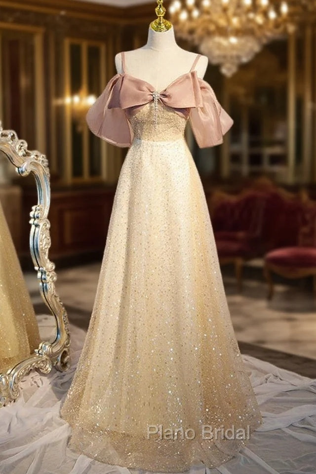 Champagne Sequins Straps Bow Formal Prom Dresses Main image