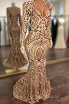 Champagne Sequins V-Neck Long Sleevess Mermaid Formal Prom Dresses