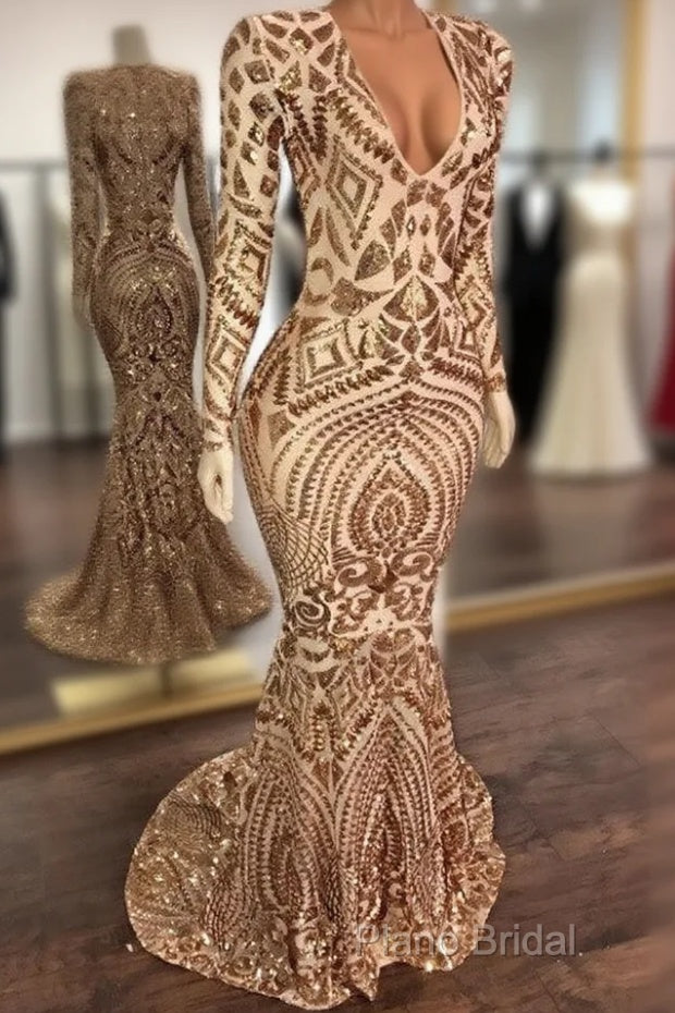 Champagne Sequins V-Neck Long Sleevess Mermaid Formal Prom Dresses