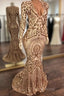 Champagne Sequins V-Neck Long Sleevess Mermaid Formal Prom Dresses