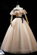 Champagne Shiny Tulle Floor Length Formal Prom Dresses, Off the Shoulder Evening Dresses