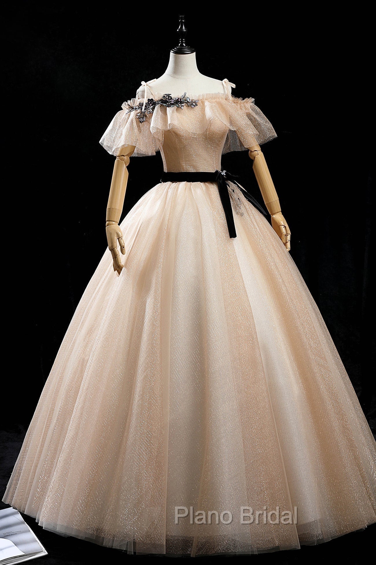 Champagne Shiny Tulle Floor Length Formal Prom Dresses, Off the Shoulder Evening Dresses
