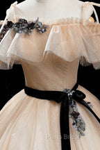 Champagne Shiny Tulle Floor Length Formal Prom Dresses, Off the Shoulder Evening Dresses