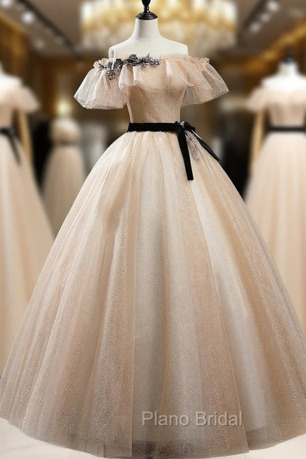 Champagne Shiny Tulle Floor Length Formal Prom Dresses, Off the Shoulder Evening Dresses