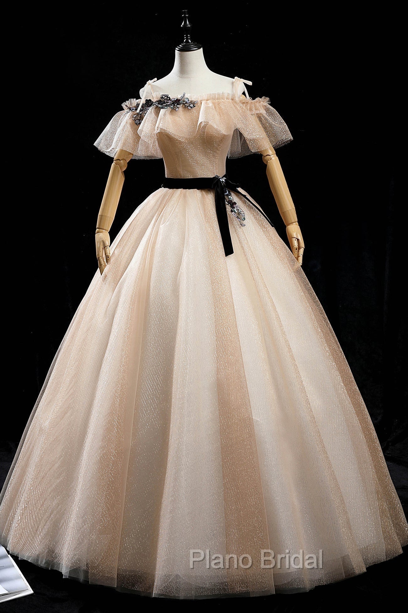 Champagne Shiny Tulle Floor Length Formal Prom Dresses, Off the Shoulder Evening Dresses Main image