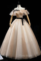 Champagne Shiny Tulle Floor Length Formal Prom Dresses, Off the Shoulder Evening Dresses