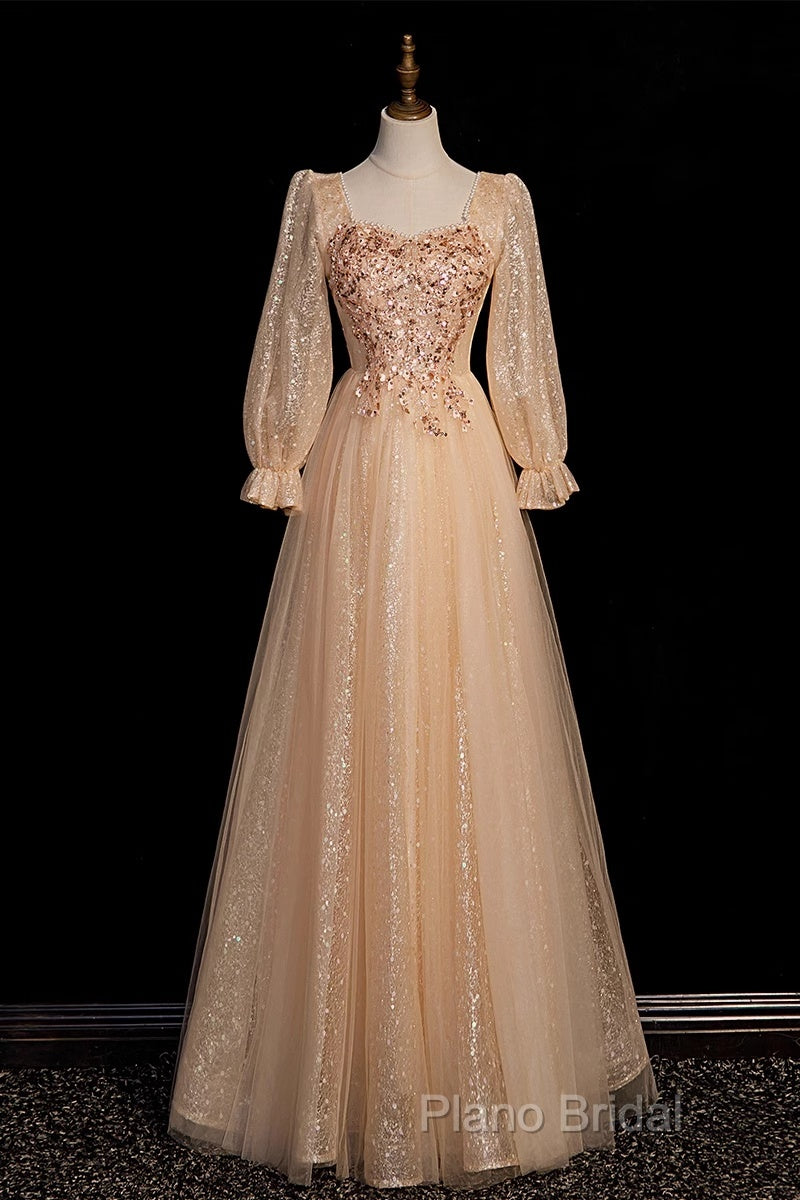 Champagne Short Sleeves Beaded Long Party Dresses, A-Line Tulle Formal Prom Dresses Secondary image