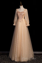 Champagne Short Sleeves Beaded Long Party Dresses, A-Line Tulle Formal Prom Dresses