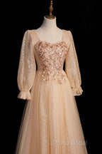 Champagne Short Sleeves Beaded Long Party Dresses, A-Line Tulle Formal Prom Dresses