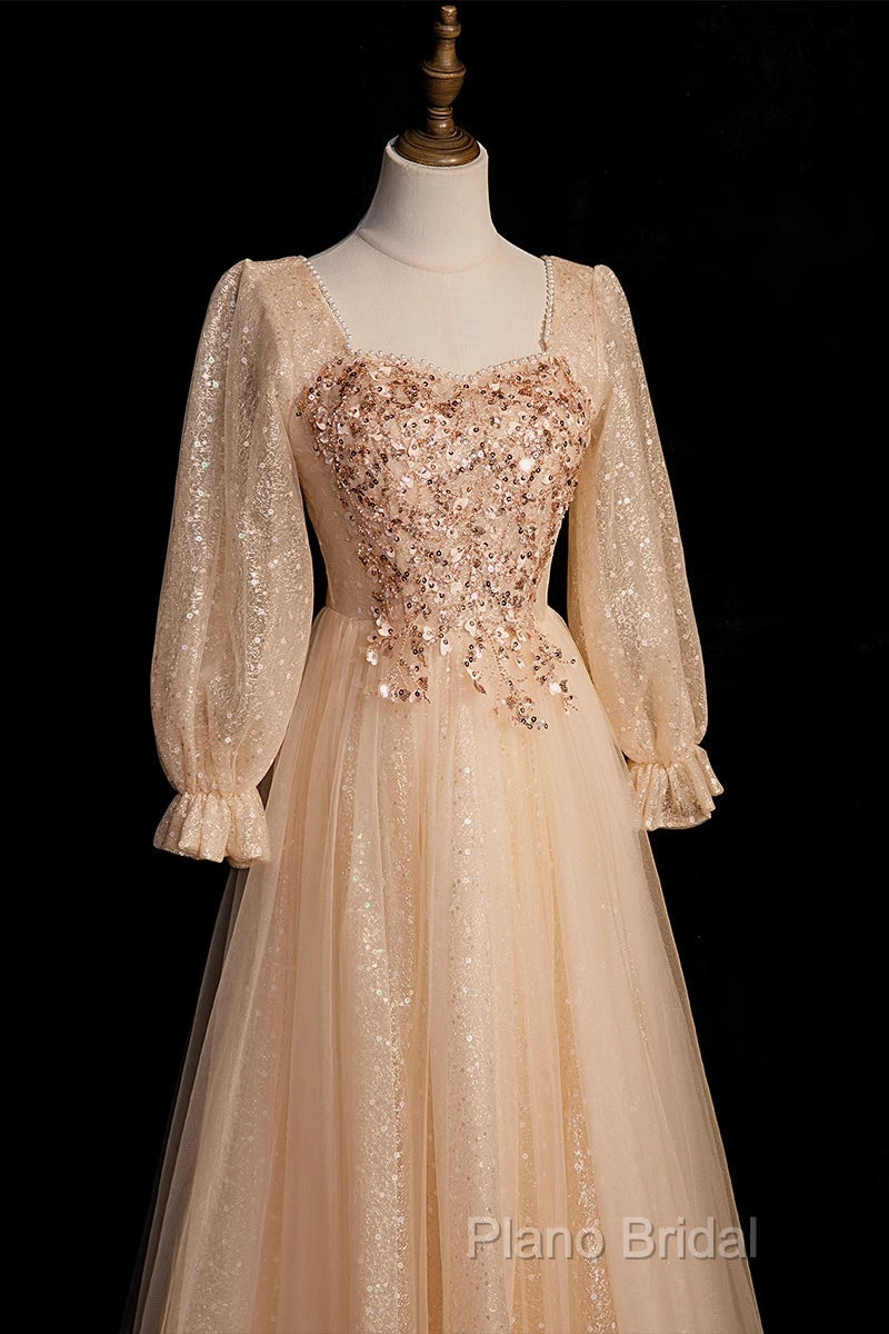 Champagne Short Sleeves Beaded Long Party Dresses, A-Line Tulle Formal Prom Dresses